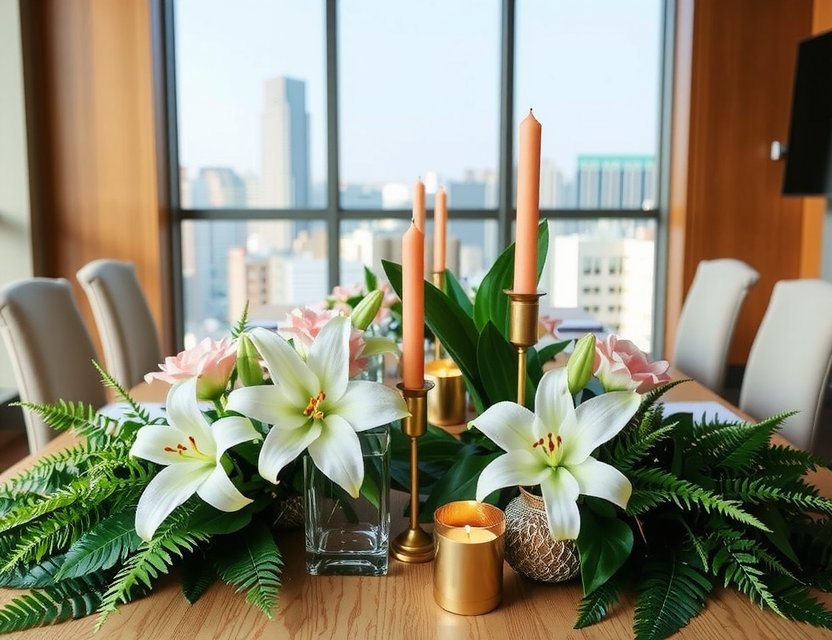 Sophisticated corporate table floral arrangement with white lilies and gold accents