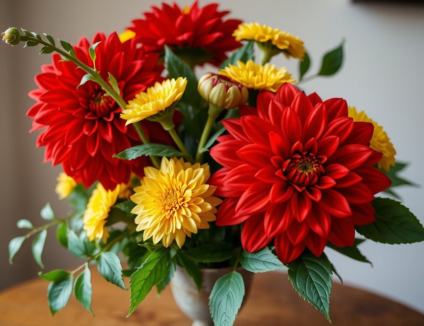 Limited Autumn Delight - Seasonal floral masterpiece with red dahlias and golden chrysanthemums