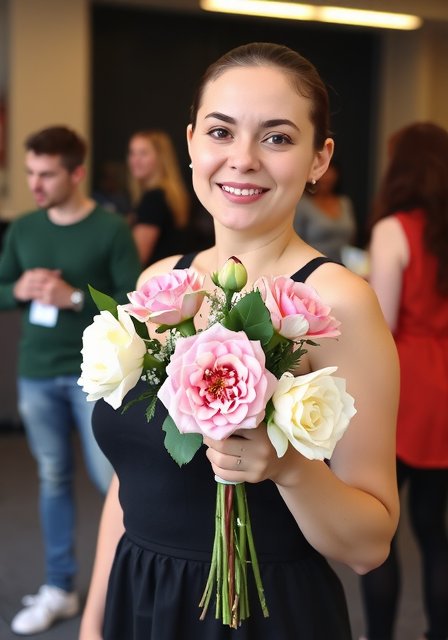 Attendee with handmade bouquet from workshop