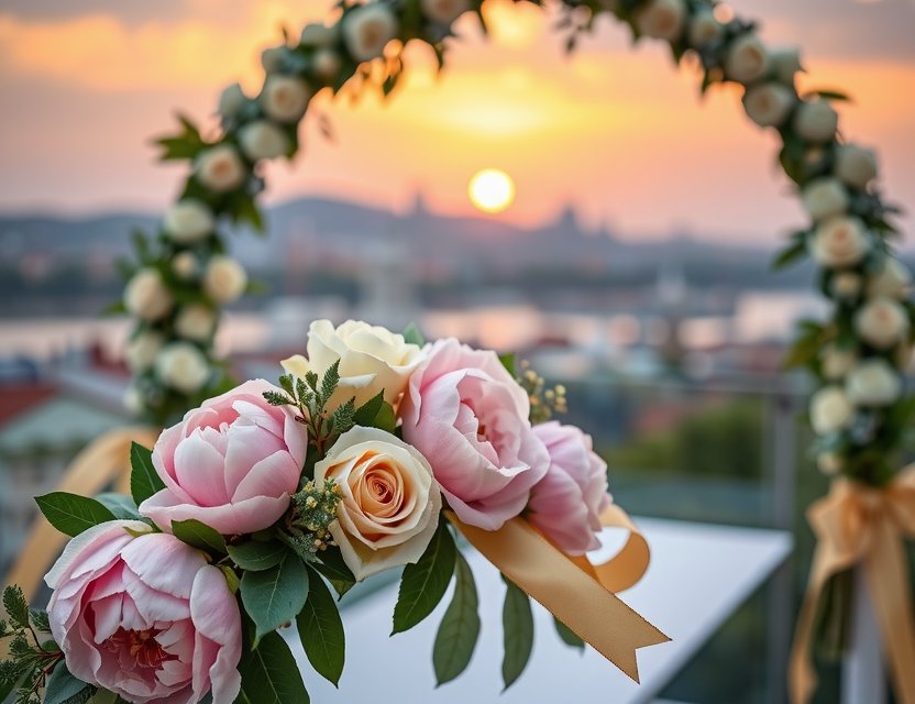 Elegant wedding floral arch with blush peonies and emerald greenery