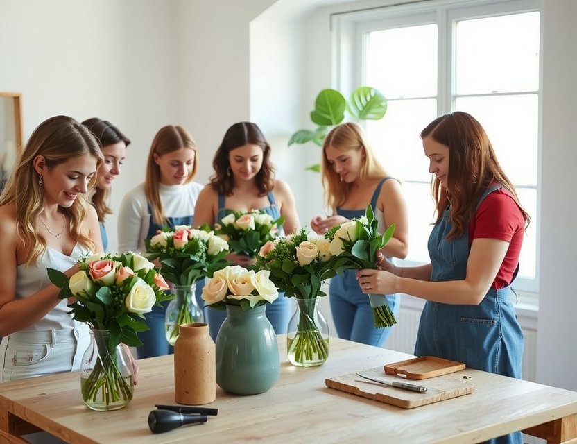 Participants in a floral workshop arranging bouquets